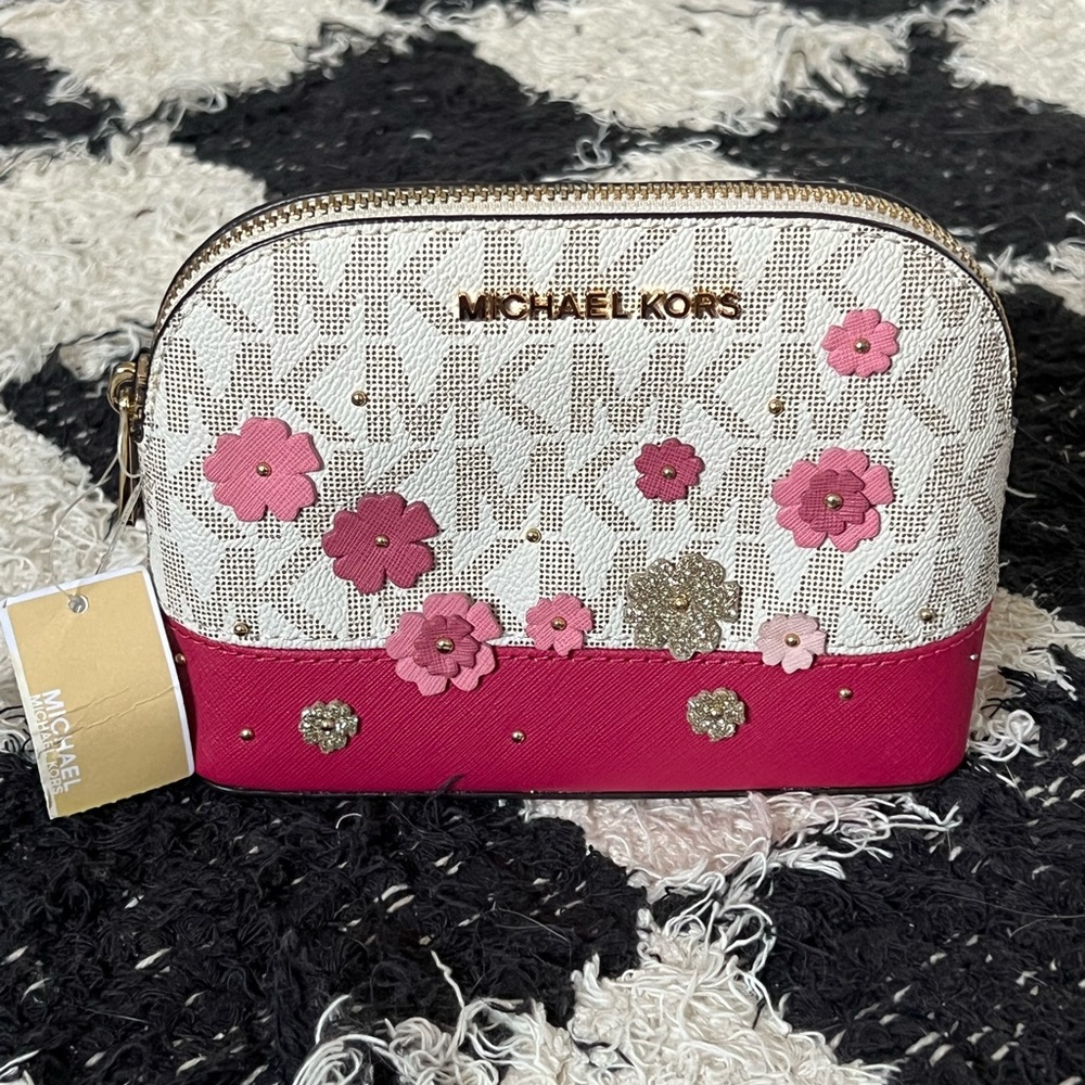 Michael Kors Pink and White Floral Cosmetic Bag